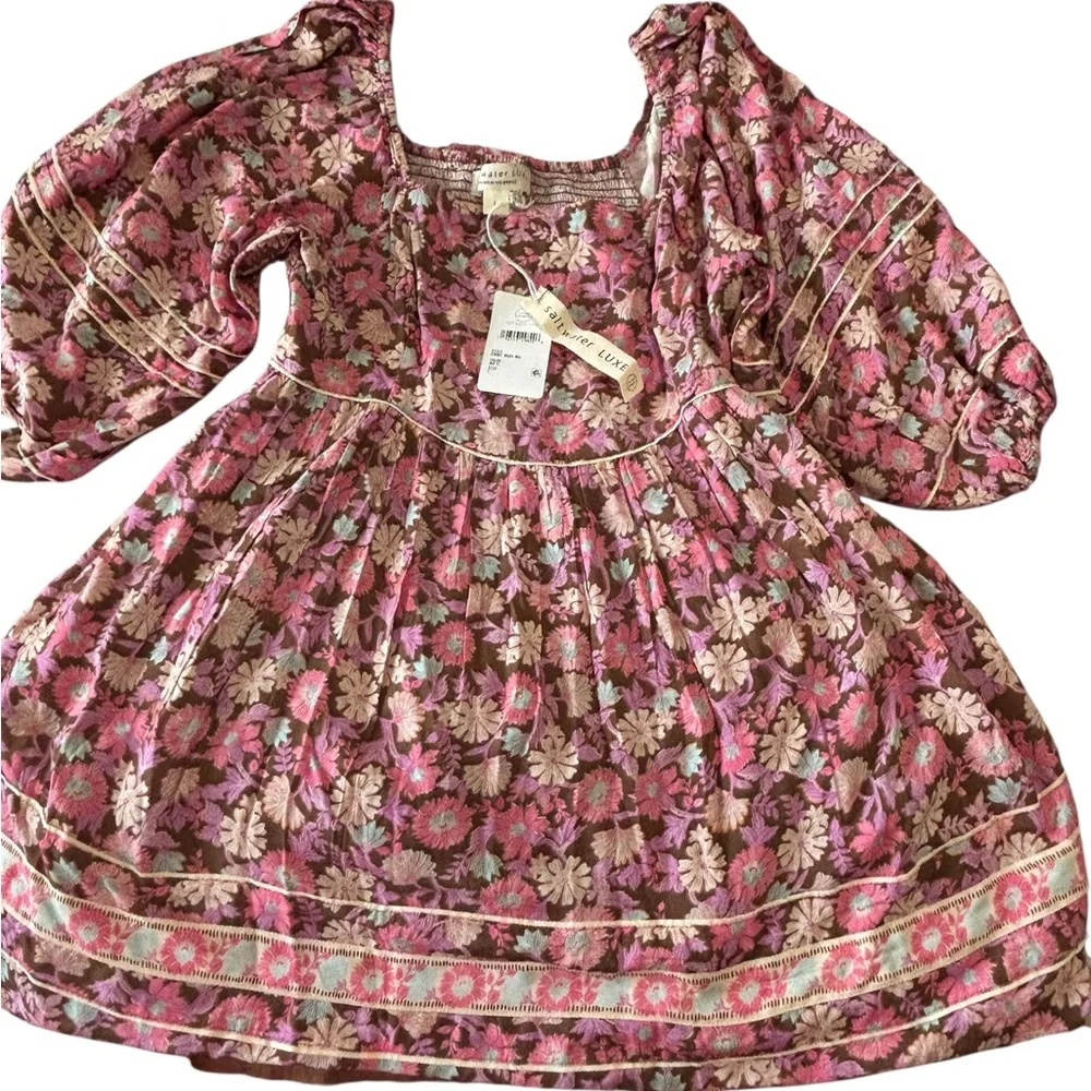 NWT Saltwater LUXE Floral Boho Mini Dress Size L Smocked Back Pockets Lined - Picture 2 of 15